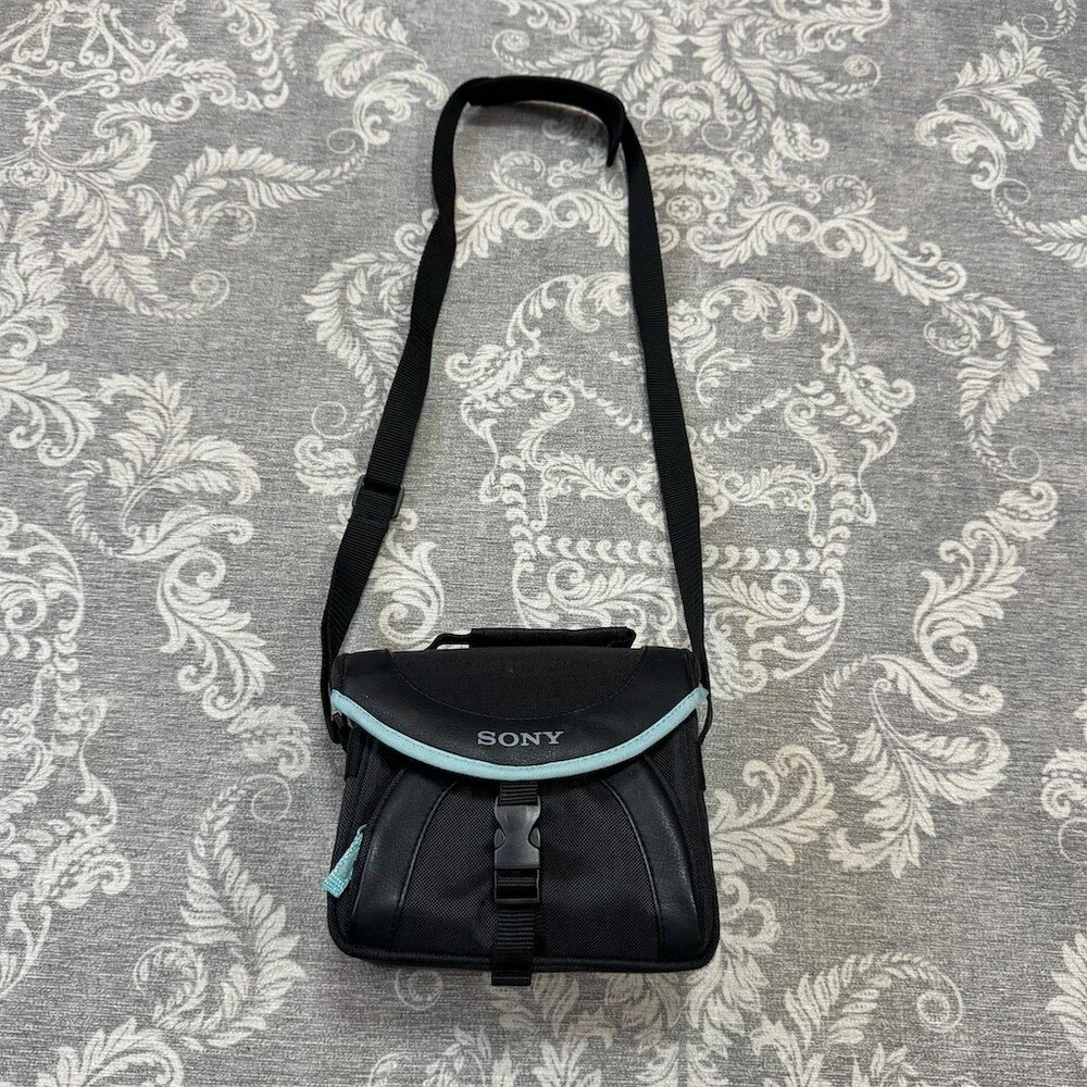Sony Handycam Soft Carrying Case Shoulder Bag Black Blue Trim Adjustable